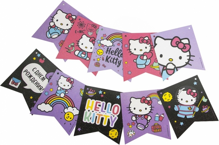 Гирлянда Флажки, Hello Kitty, С Днем Рождения!, Ассорти, 300 см, 1 шт